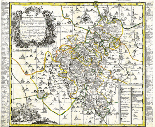 Historische Karte: Die Schönburgischen Herrschaften und Ämter Glauchau Waldenburg Lichtenstein 1760