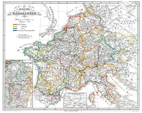 Historische Karte: EUROPA - Die REICHE der KAROLINGER, um 850 (Plano 73 x 59 cm)