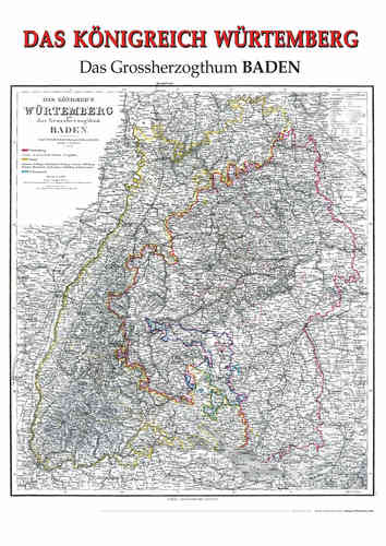 Historische Karte:  Königreich Württemberg und Großherzogtum Baden, 1864 (plano)